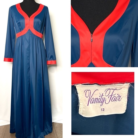 🔥 Vanity Fair Vintage Blue Zip Up Caftan Robe 12 - Picture 1 of 13